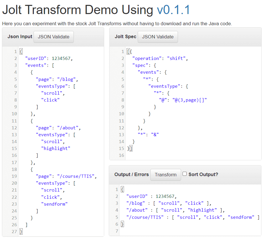 JOLT JSON tranformation online