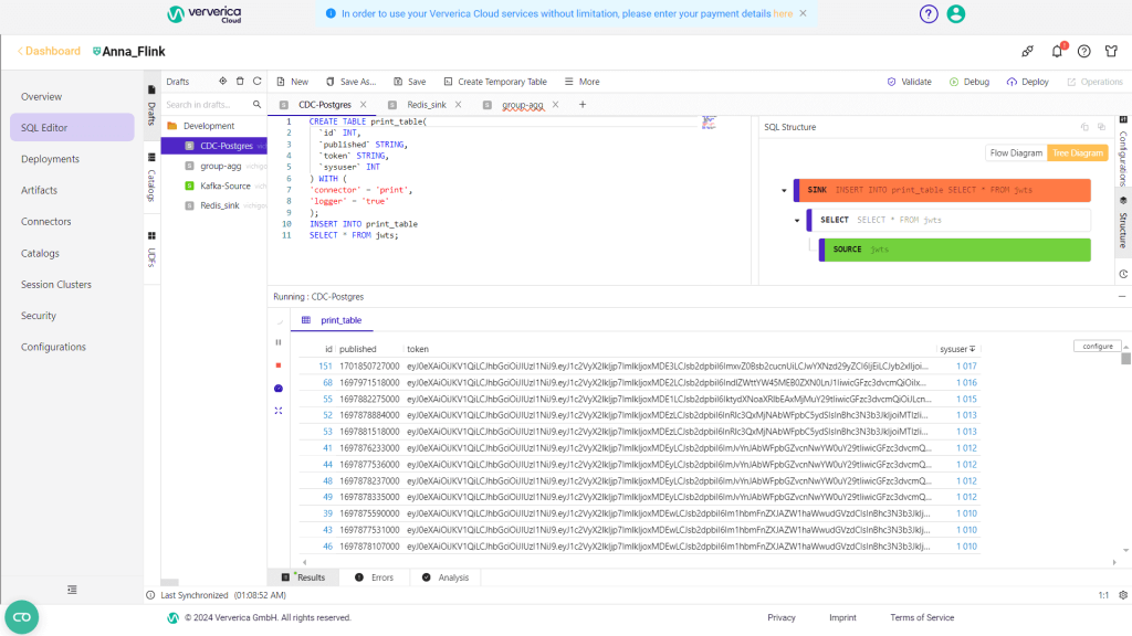 Выполненный запрос Flink SQL