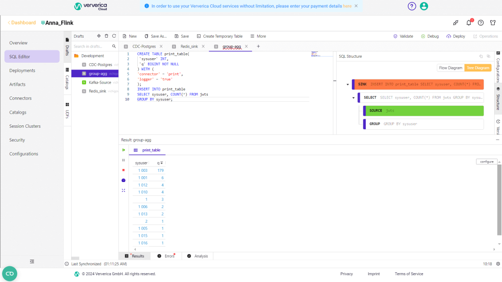 Агрегация по таблице Flink SQL