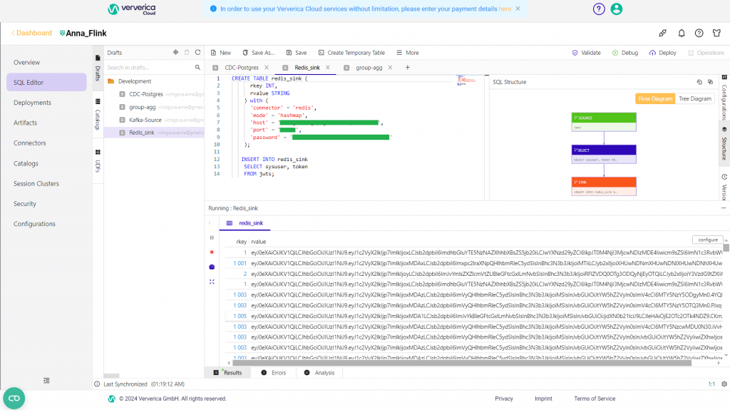 Таблица Flink SQL с sink-коннектором Redis