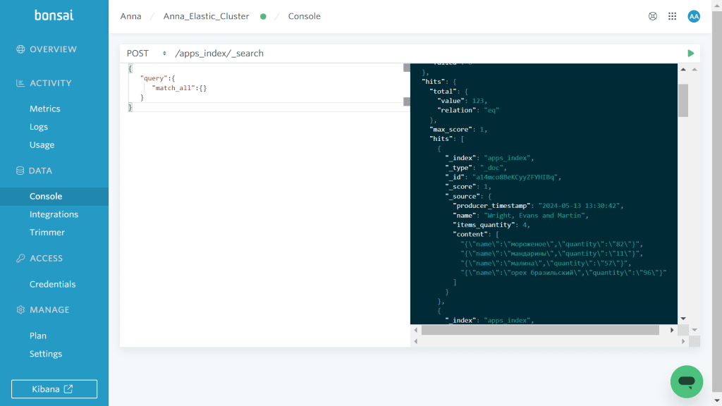 Содержимое индекса Elasticsearch
