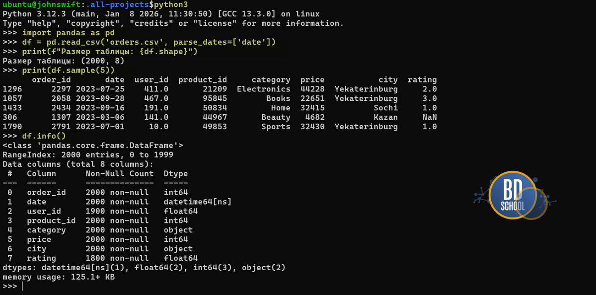 Чтение и первичная обработка данных пакетом Pandas Python