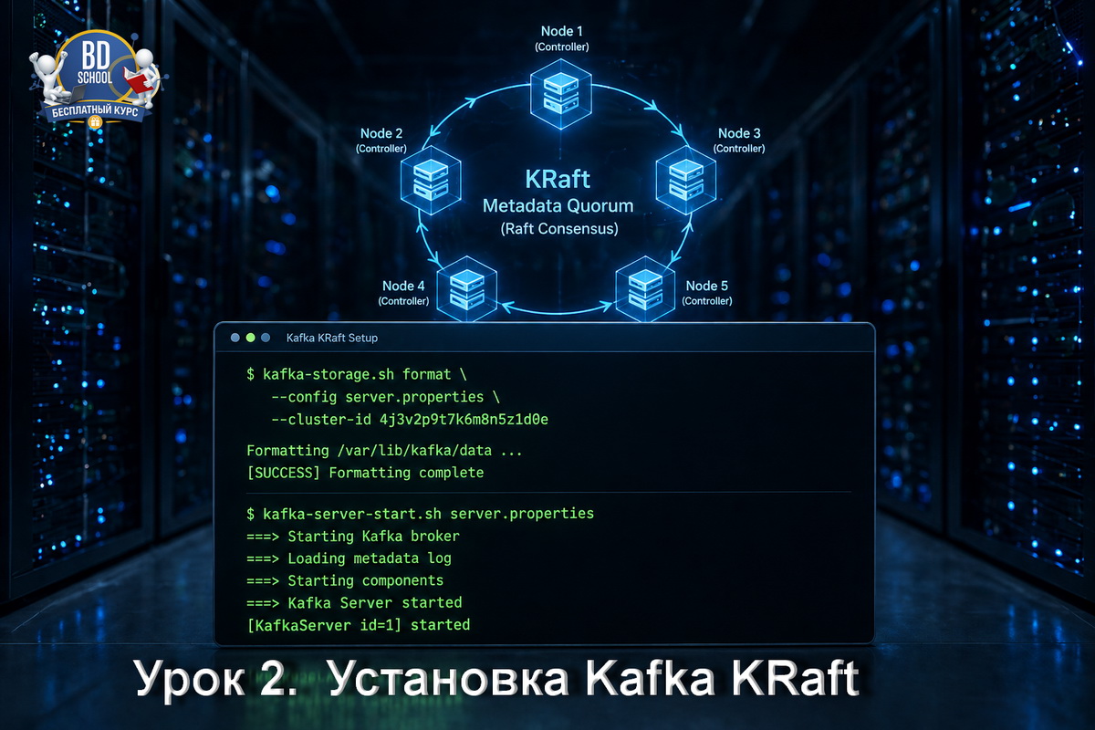 Установка Apache Kafka 4.2.0 в режиме KRaft на Ubuntu - терминал с командами kafka-storage format и запуском брокера. Бесплатный курс Kafka