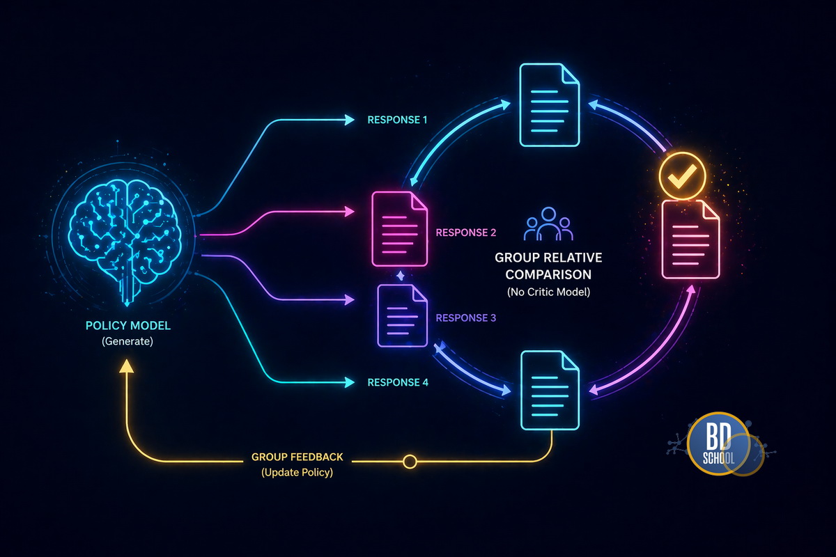 A conceptual workflow diagram illustrating the GRPO reinforcement learning process. On the left, a single glowing AI brain icon generates multiple distinct output pathways (arrows) leading to four separate document icons.