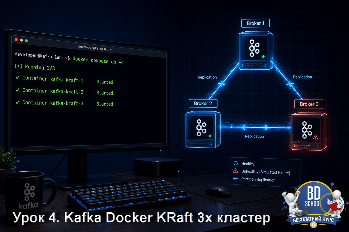 Трёхнодовый кластер Apache Kafka в Docker Compose с KRaft-кворумом и репликацией партиций. Бесплатные уроки по Apache Kafka от "Школы Больших Данных"