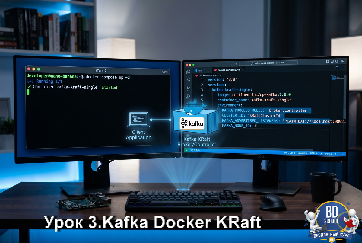 Запуск Apache Kafka 4.2.0 в Docker Compose в режиме KRaft - docker-compose.yml и терминал с командой docker compose up. Бесплатные курсы по Kafka