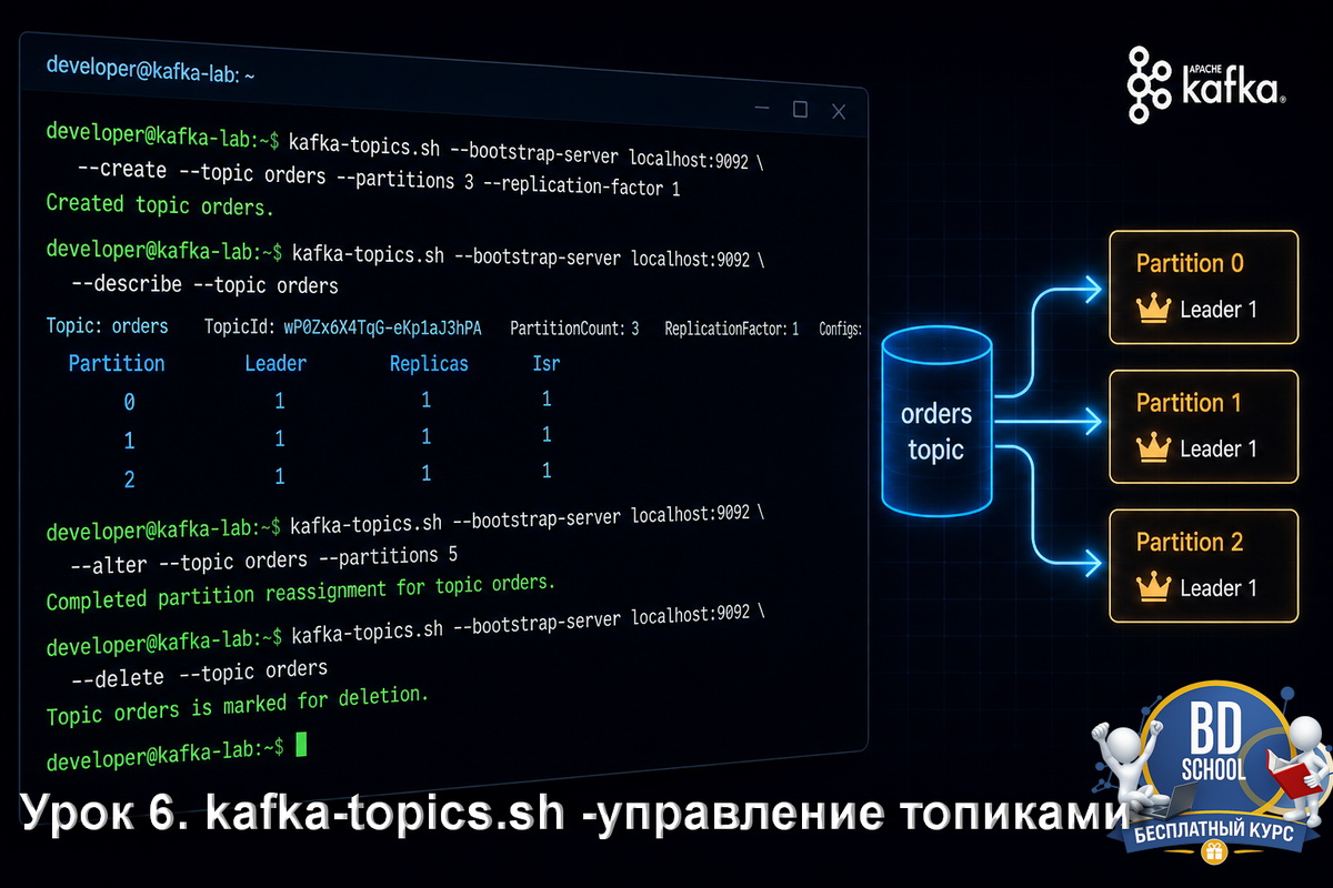 Управление топиками Apache Kafka через kafka-topics.sh в KRaft-режиме: команды create, describe, alter, delete