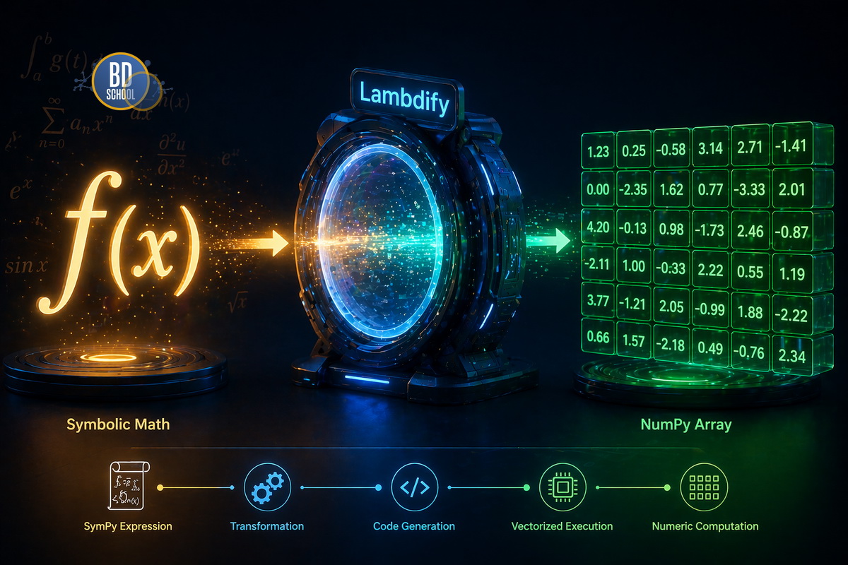 Мост между SymPy и NumPy Схема процесса lambdify. Слева — абстрактная формула (свиток или символ), проходящая через "линзу" или "конвертер", и превращающаяся справа в поток цифр (матрицу).