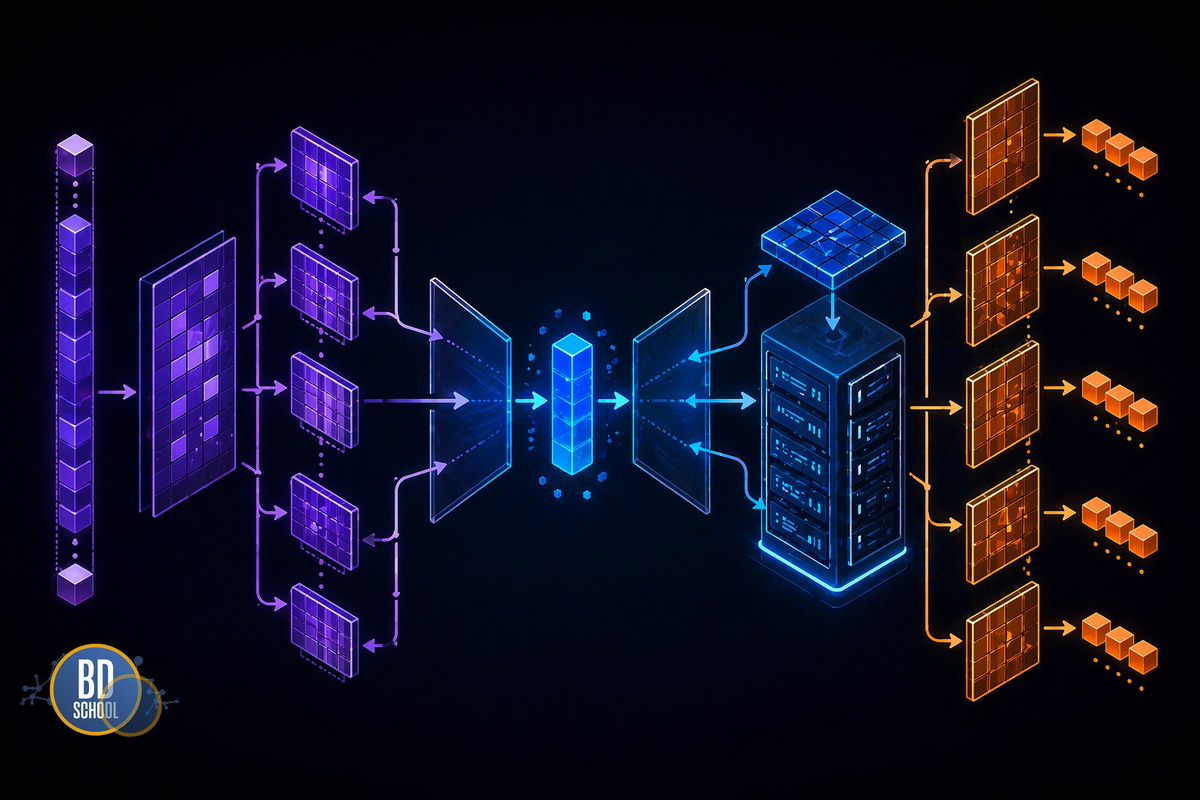 Это диаграмма потоков данных (Data Flow). Она показывает процесс сжатия ключей и значений в скрытый вектор перед кэшированием, и их последующее восстановление для Multi-head Latent Attention (MLA)