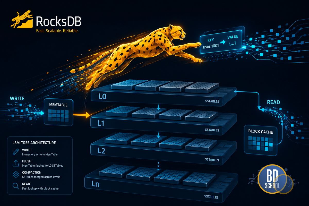 RocksDB LSM-tree visualization with fast key lookup represented as a cheetah jumping across storage layers