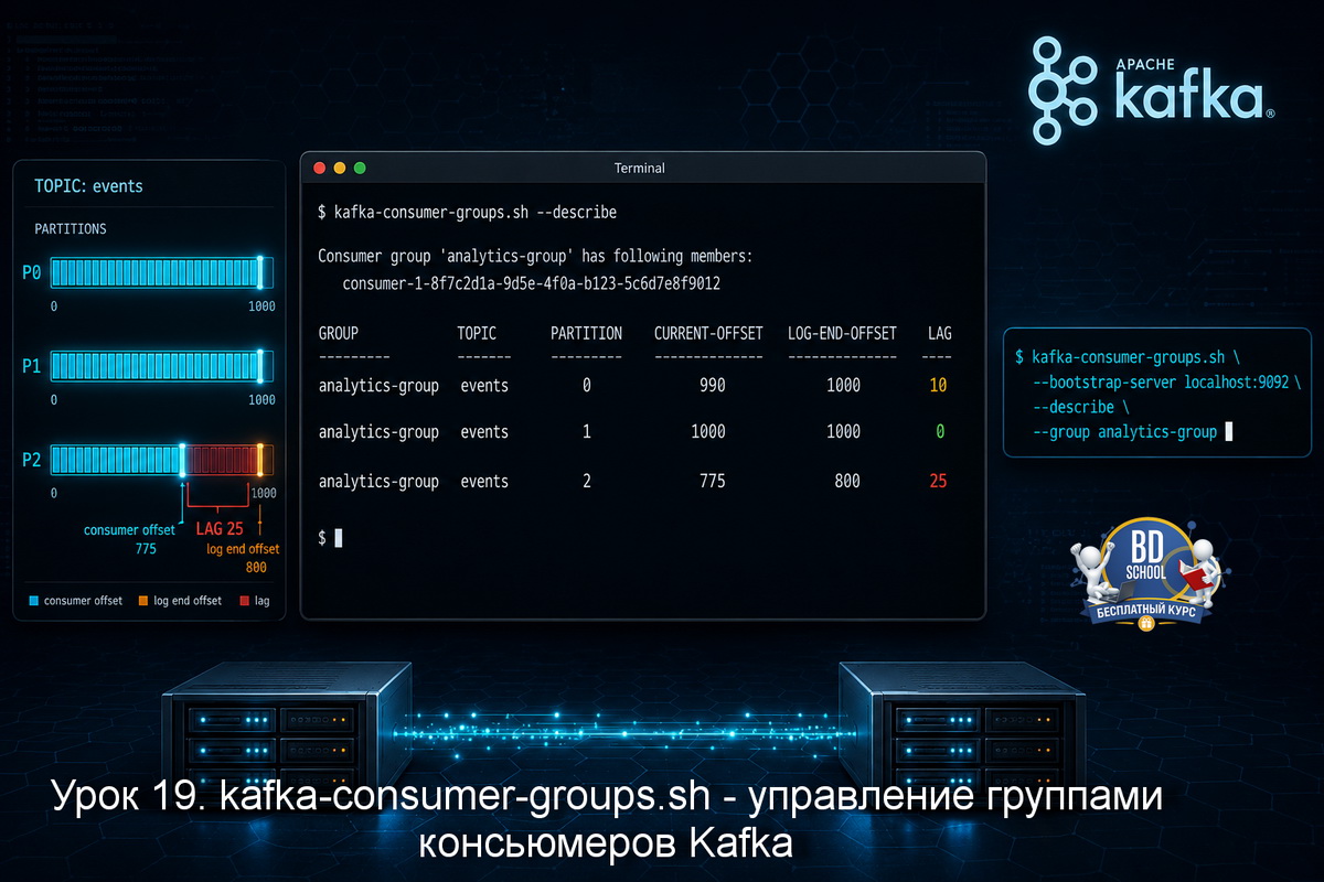 Как использовать kafka-consumer-groups.sh: список групп, lag, сброс офсетов, удаление. Стратегии --to-earliest, --to-datetime, --shift-by. Kafka 4.2, KRaft.