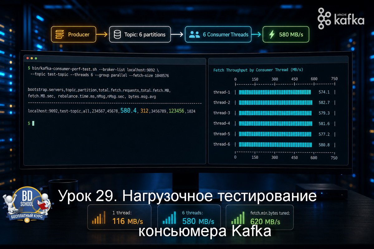Как понять, с какой скоростью конкретный кластер отдаёт данные, и проверить, как ведут себя настройки консьюмера при разных сценариях - kafka-consumer-perf-test.sh в Школе Больших Данных разбираем на практике