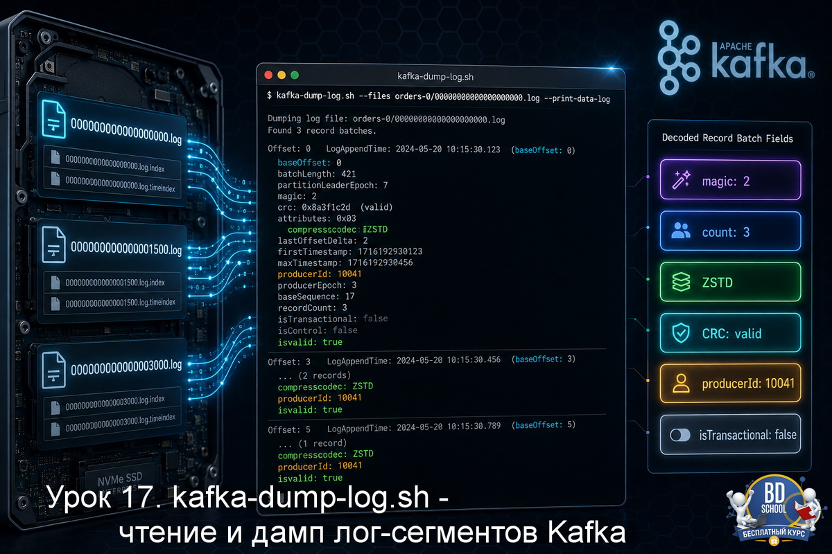 kafka-dump-log.sh читает .log-файлы сегментов прямо с диска, минуя брокер, и выводит содержимое в человекочитаемом виде