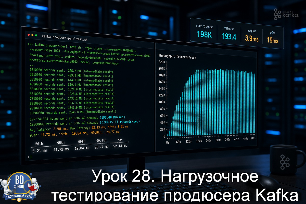 Как сделать нагрузочное тестирование продюсера в Kafka с помощью отдельной утилиты - kafka-producer-perf-test.sh - учимся бесплатно в Школе Больших Данных
